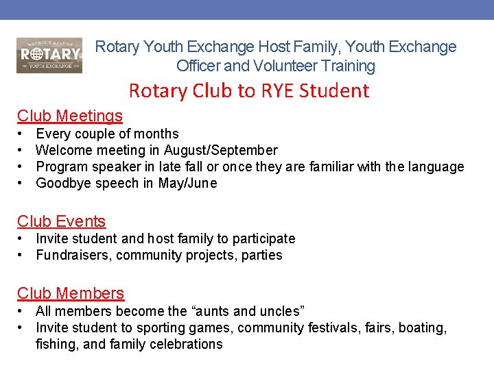 Rotary Youth Exchange Host Family, Youth Exchange Officer and Volunteer Training Rotary Club to