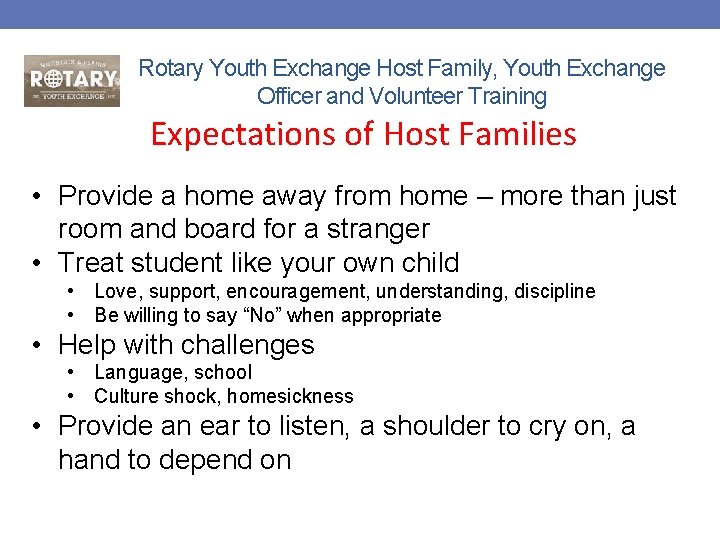 Rotary Youth Exchange Host Family, Youth Exchange Officer and Volunteer Training Expectations of Host