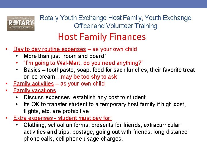 Rotary Youth Exchange Host Family, Youth Exchange Officer and Volunteer Training Host Family Finances