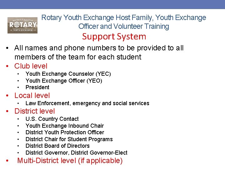 Rotary Youth Exchange Host Family, Youth Exchange Officer and Volunteer Training Support System •