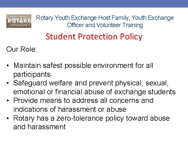 Rotary Youth Exchange Host Family, Youth Exchange Officer and Volunteer Training Student Protection Policy