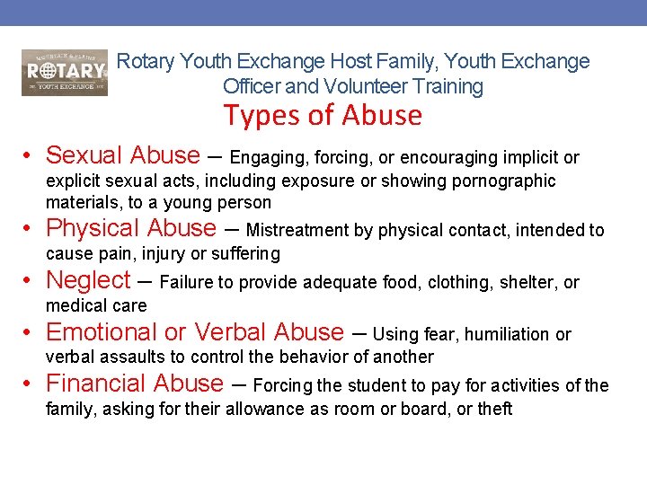 Rotary Youth Exchange Host Family, Youth Exchange Officer and Volunteer Training Types of Abuse