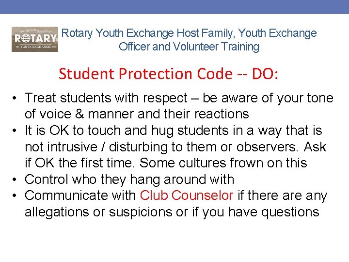 Rotary Youth Exchange Host Family, Youth Exchange Officer and Volunteer Training Student Protection Code