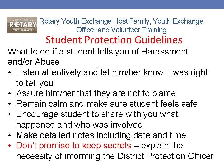 Rotary Youth Exchange Host Family, Youth Exchange Officer and Volunteer Training Student Protection Guidelines