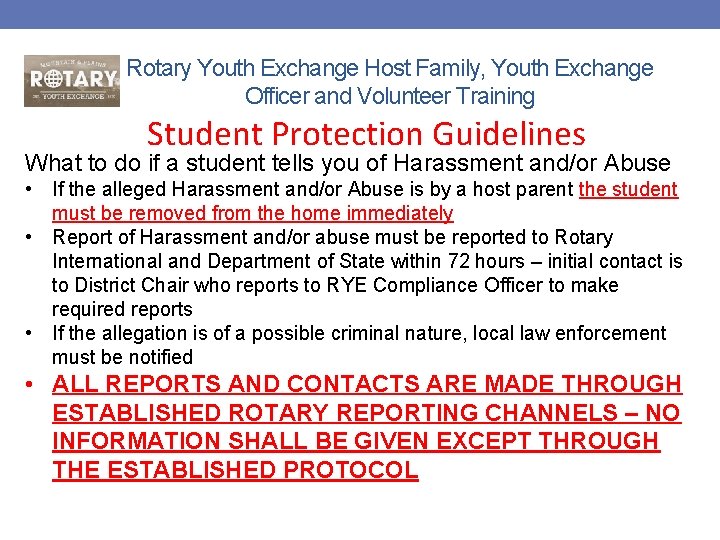 Rotary Youth Exchange Host Family, Youth Exchange Officer and Volunteer Training Student Protection Guidelines