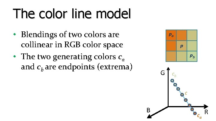 The color line model • Blendings of two colors are collinear in RGB color The color line model • Blendings of two colors are collinear in RGB color