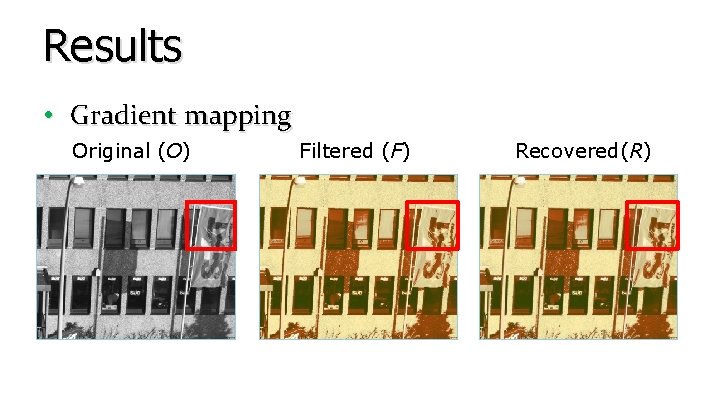 Results • Gradient mapping Original (O) Filtered (F) Recovered(R) Results • Gradient mapping Original (O) Filtered (F) Recovered(R)