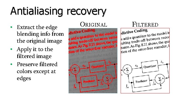Antialiasing recovery • Extract the edge blending info from the original image • Apply Antialiasing recovery • Extract the edge blending info from the original image • Apply