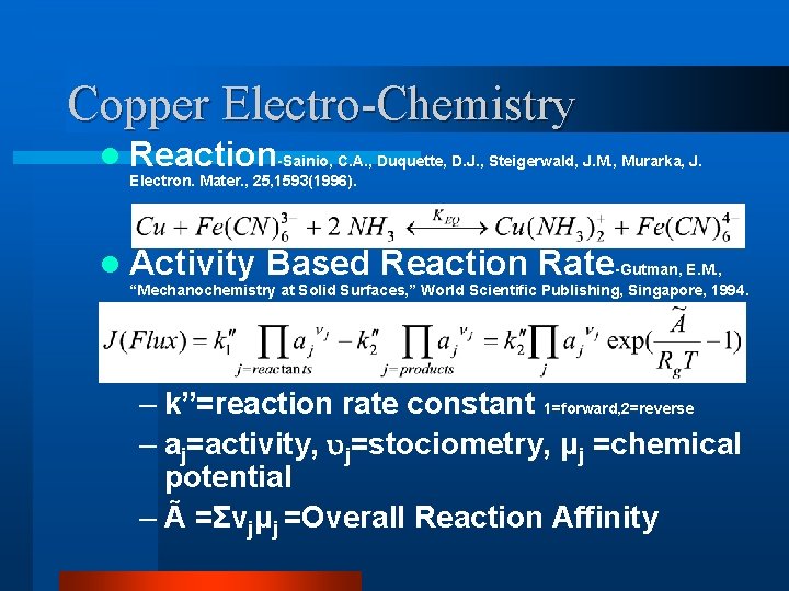 Copper Electro-Chemistry l Reaction-Sainio, C. A. , Duquette, D. J. , Steigerwald, J. M.