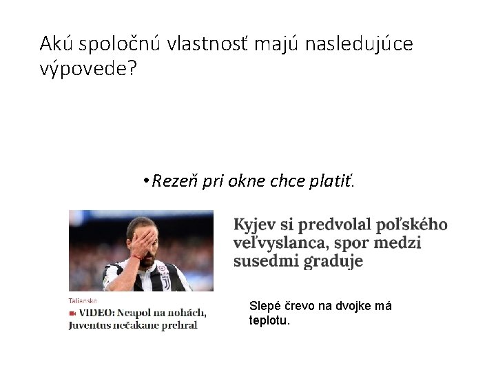 Akú spoločnú vlastnosť majú nasledujúce výpovede? • Rezeň pri okne chce platiť. Slepé črevo