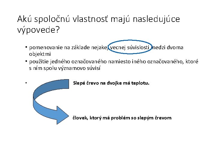 Akú spoločnú vlastnosť majú nasledujúce výpovede? • pomenovanie na základe nejakej vecnej súvislosti medzi