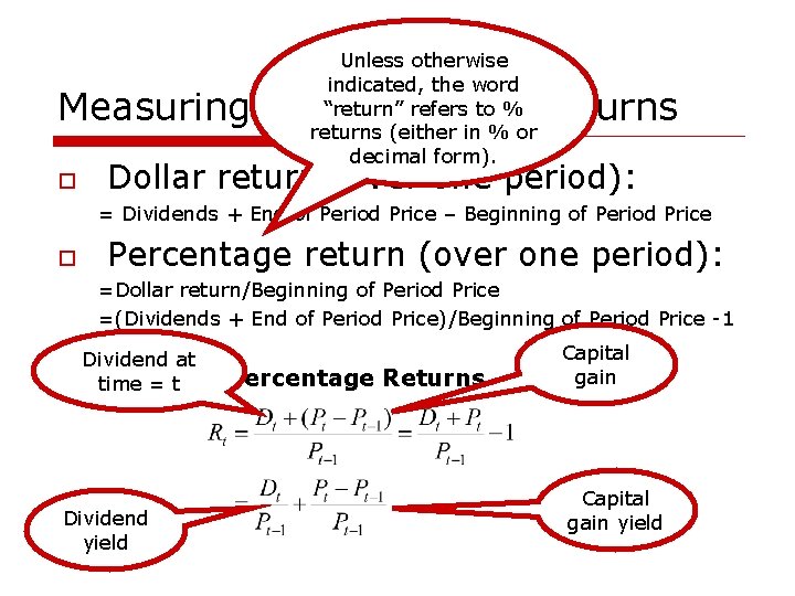 Unless otherwise indicated, the word “return” refers to % returns (either in % or