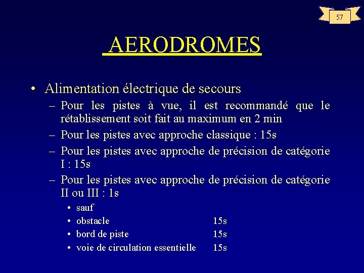 57 AERODROMES • Alimentation électrique de secours – Pour les pistes à vue, il