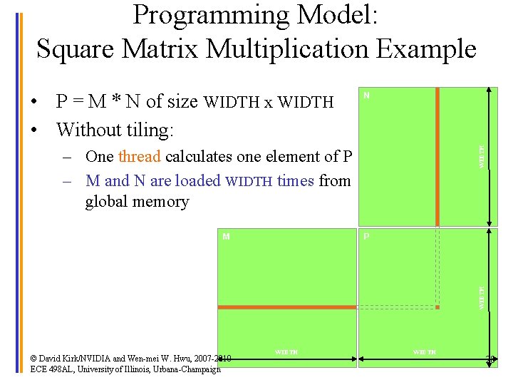 Programming Model: Square Matrix Multiplication Example N WIDTH • P = M * N