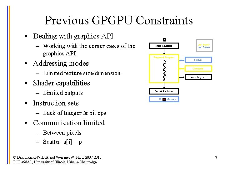 Previous GPGPU Constraints • Dealing with graphics API – Working with the corner cases