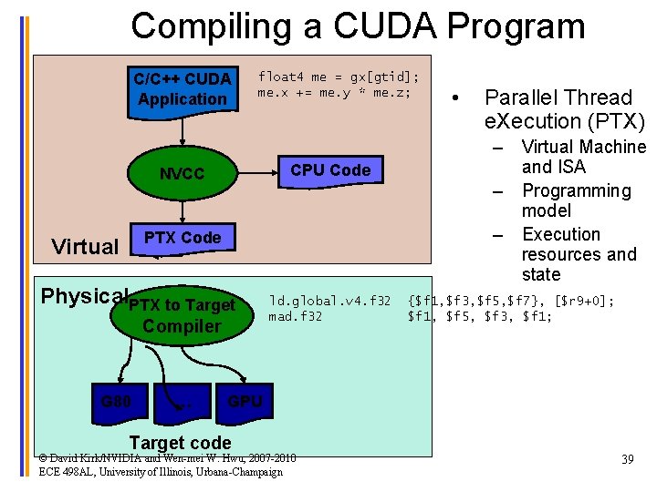 Compiling a CUDA Program C/C++ CUDA Application float 4 me = gx[gtid]; me. x