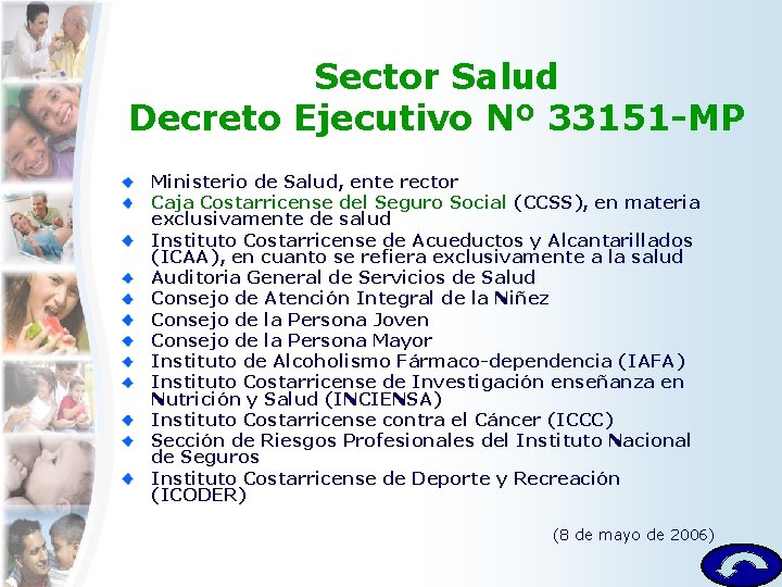 Sector Salud Decreto Ejecutivo Nº 33151 -MP Ministerio de Salud, ente rector Caja Costarricense Sector Salud Decreto Ejecutivo Nº 33151 -MP Ministerio de Salud, ente rector Caja Costarricense