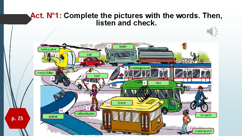 Act. N° 1: Complete the pictures with the words. Then, listen and check. p.