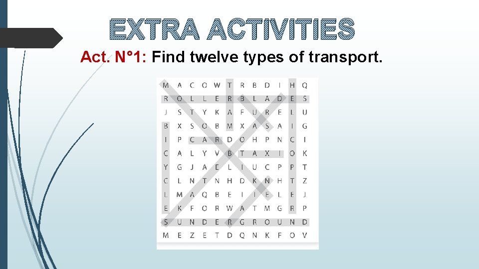 EXTRA ACTIVITIES Act. N° 1: Find twelve types of transport. 