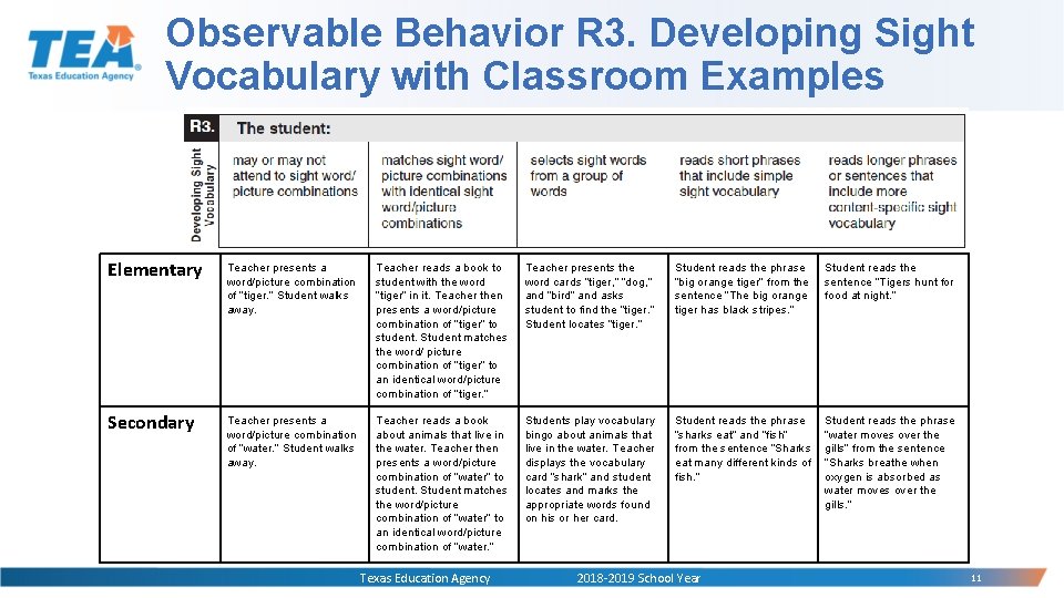 Observable Behavior R 3. Developing Sight Vocabulary with Classroom Examples Elementary Teacher presents a