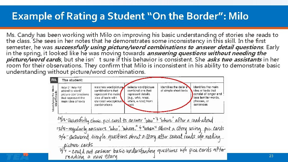 Example of Rating a Student “On the Border”: Milo Ms. Candy has been working