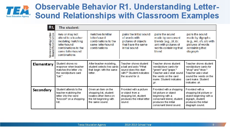 Observable Behavior R 1. Understanding Letter. Sound Relationships with Classroom Examples Elementary Student shows