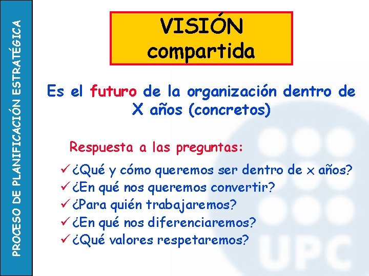 PROCESO DE PLANIFICACIÓN ESTRATÉGICA VISIÓN compartida Es el futuro de la organización dentro de