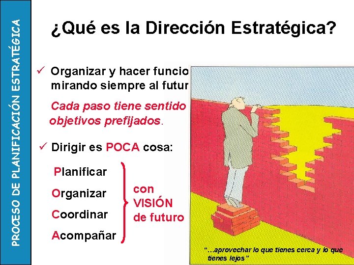 PROCESO DE PLANIFICACIÓN ESTRATÉGICA ¿Qué es la Dirección Estratégica? ü Organizar y hacer funcionar