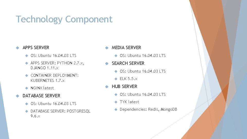 Technology Component APPS SERVER OS: Ubuntu 16. 04. 03 LTS APPS SERVER: PYTHON 2.