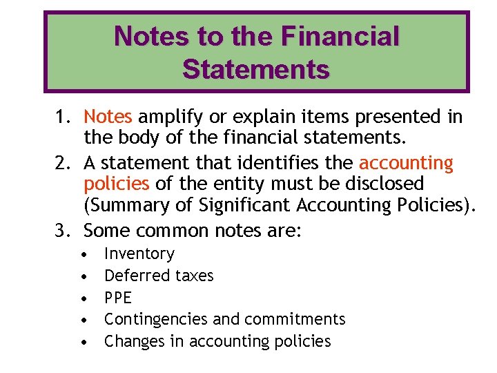 Notes to the Financial Statements 1. Notes amplify or explain items presented in the