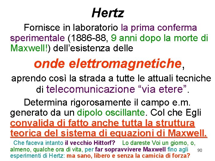 Hertz Fornisce in laboratorio la prima conferma sperimentale (1886 -88, 9 anni dopo la