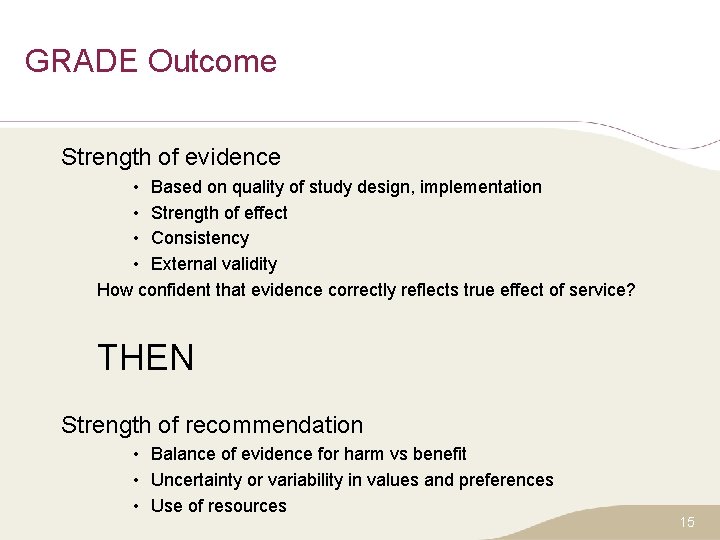 GRADE Outcome Strength of evidence • Based on quality of study design, implementation •