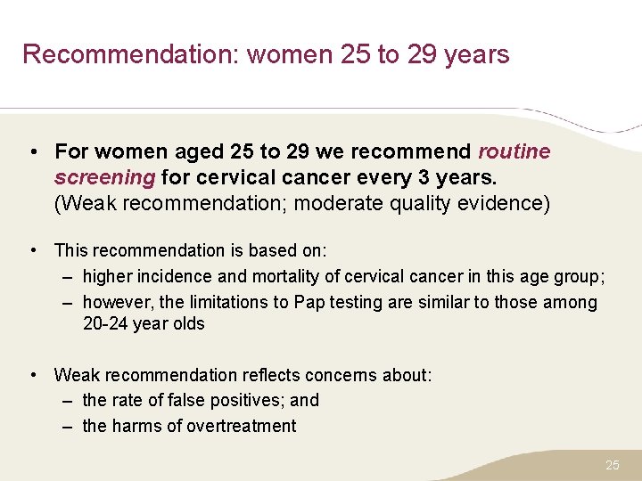 Recommendation: women 25 to 29 years • For women aged 25 to 29 we