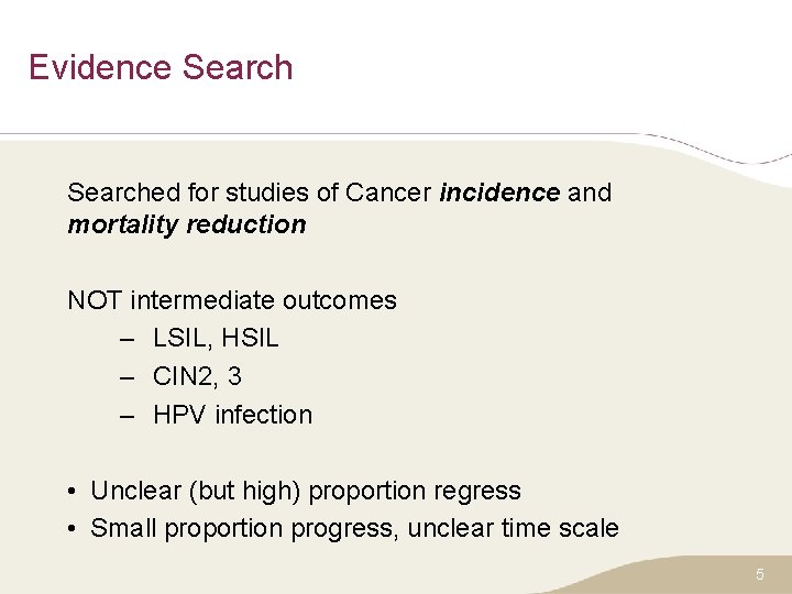 Evidence Searched for studies of Cancer incidence and mortality reduction NOT intermediate outcomes –