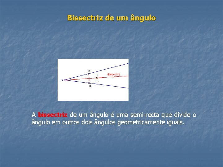 Bissectriz de um ângulo A bissectriz de um ângulo é uma semi-recta que divide