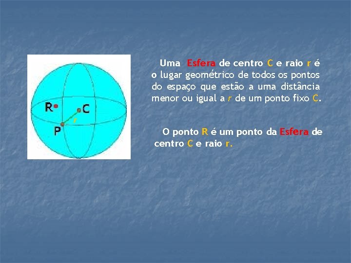 Uma Esfera de centro C e raio r é o lugar geométrico de todos Uma Esfera de centro C e raio r é o lugar geométrico de todos