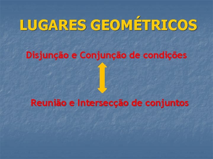 LUGARES GEOMÉTRICOS Disjunção e Conjunção de condições Reunião e Intersecção de conjuntos 