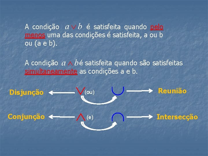 A condição é satisfeita quando pelo menos uma das condições é satisfeita, a ou