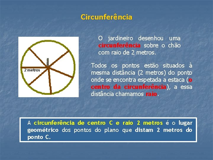 Circunferência O jardineiro desenhou uma circunferência sobre o chão com raio de 2 metros