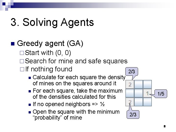 3. Solving Agents n Greedy agent (GA) ¨ Start with (0, 0) ¨ Search 3. Solving Agents n Greedy agent (GA) ¨ Start with (0, 0) ¨ Search