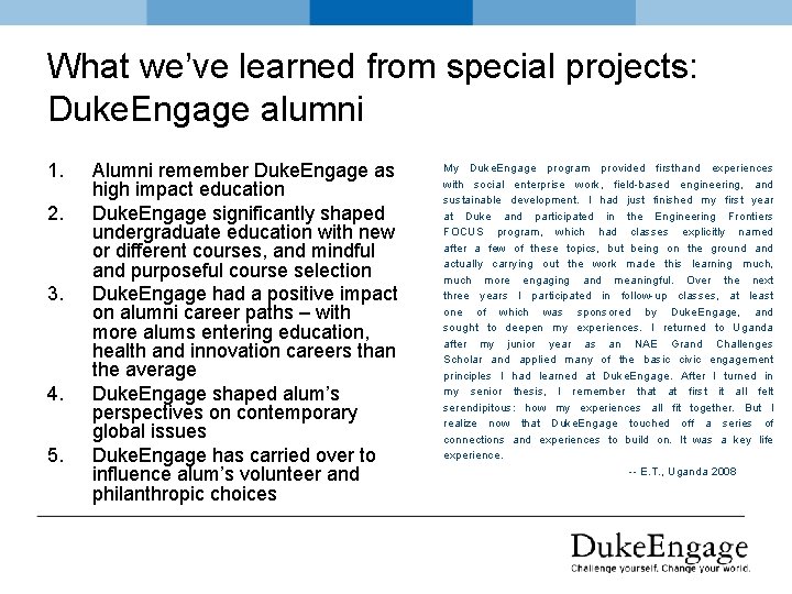 What we’ve learned from special projects: Duke. Engage alumni 1. 2. 3. 4. 5.