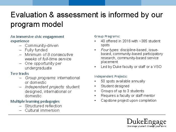 Evaluation & assessment is informed by our program model An immersive civic engagement experience