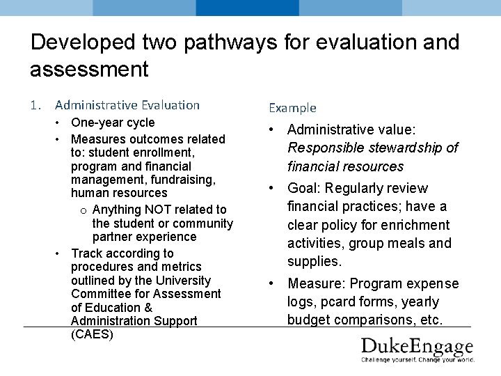 Developed two pathways for evaluation and assessment 1. Administrative Evaluation • One-year cycle •