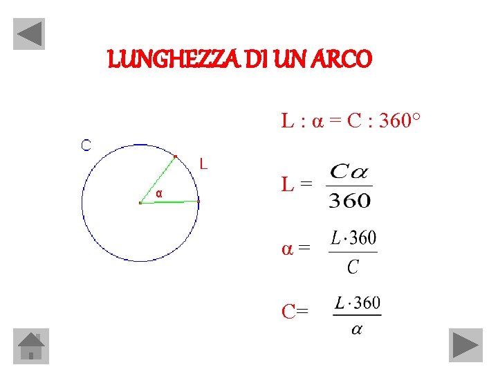 LUNGHEZZA DI UN ARCO L : α = C : 360° α L= α=