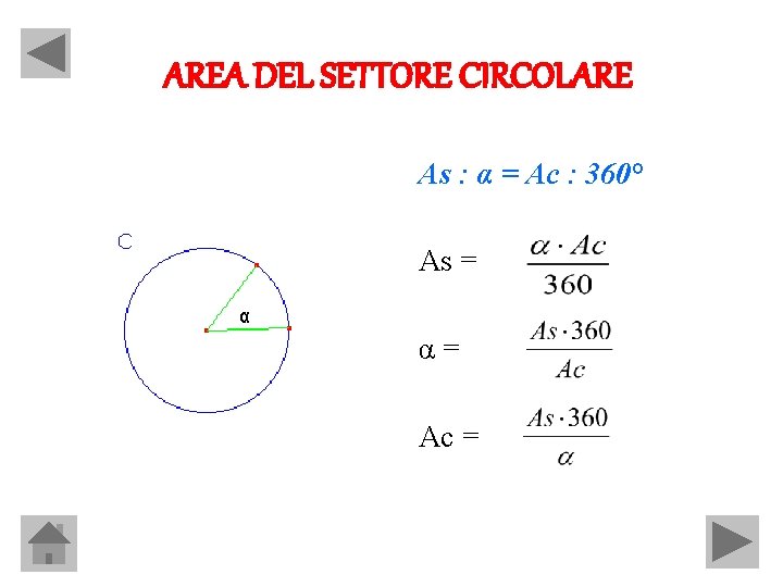 AREA DEL SETTORE CIRCOLARE As : α = Ac : 360° As = α