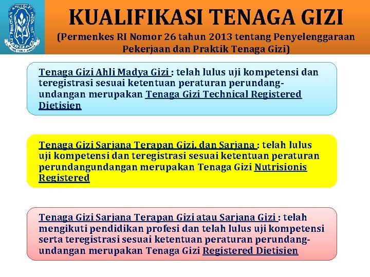 KUALIFIKASI TENAGA GIZI (Permenkes RI Nomor 26 tahun 2013 tentang Penyelenggaraan Pekerjaan dan Praktik