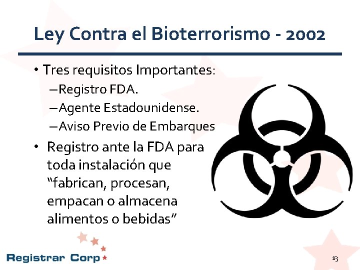 Ley Contra el Bioterrorismo - 2002 • Tres requisitos Importantes: – Registro FDA. – Ley Contra el Bioterrorismo - 2002 • Tres requisitos Importantes: – Registro FDA. –