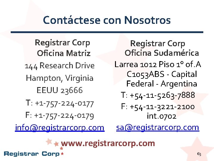 Contáctese con Nosotros Registrar Corp Oficina Matriz 144 Research Drive Hampton, Virginia EEUU 23666 Contáctese con Nosotros Registrar Corp Oficina Matriz 144 Research Drive Hampton, Virginia EEUU 23666