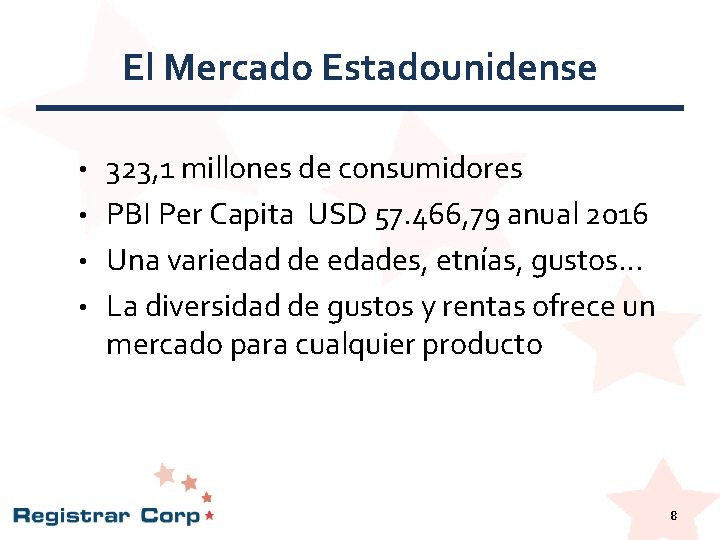 El Mercado Estadounidense 323, 1 millones de consumidores • PBI Per Capita USD 57. El Mercado Estadounidense 323, 1 millones de consumidores • PBI Per Capita USD 57.