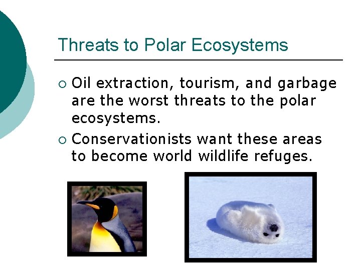 Threats to Polar Ecosystems Oil extraction, tourism, and garbage are the worst threats to
